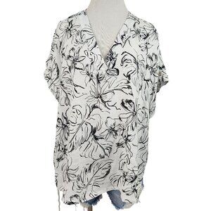 Joie Blouse Women's 1X Linen V Neck Short Sleeve Floral Print Top Black White